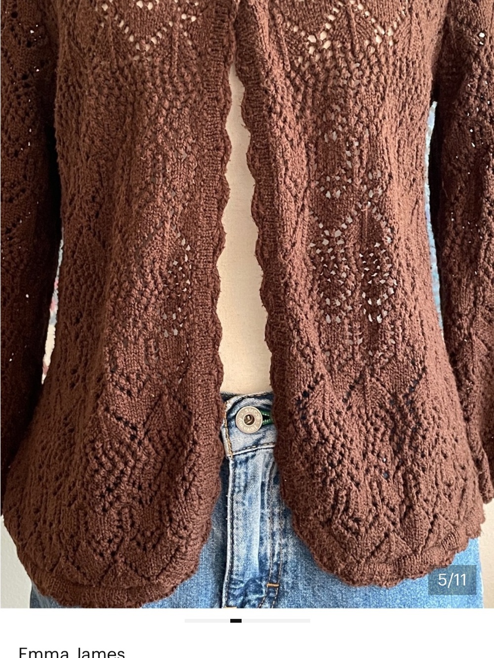 Emma James Brown Crochet Knit Cardigan Large Scallop Hem Button Boho Cottagecore